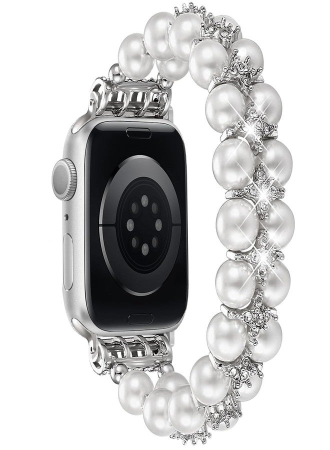 DEALELE Bands Pearl Compatible with Apple Watch 49mm / 46mm / 45mm / 44mm / 42mm, Bling Diamond Pearl Beads Handmade Elastic Bracelet for iWatch 10 9 8 7 6 5 4 3 SE Ultra Women, White - Image 1