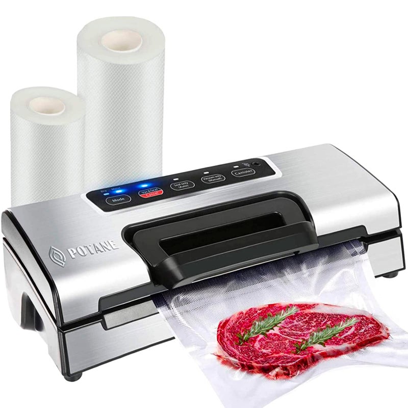 Potane Precision Vacuum MachinePro Food Sealer with Builtin Cutter and Bag StorageUp to 20 Feet Length Both AutoManual Options2 ModesIncludes 2 Bag Rolls 11x16 and 8x16Compact Design
