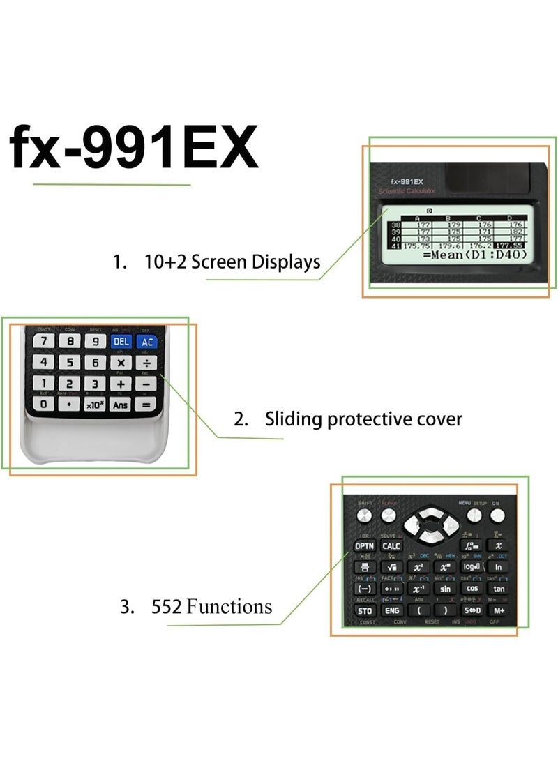 FX-991EX Scientific Calculator, 552 Functions Engineering Calculator, High-Resolution 10+2 Digits Display, with Sliding Hard Case - for School, Students, Teachers, Office, Business - Image 2