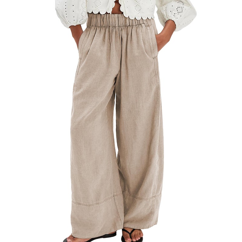 SeeLuNa Linen Pants for Women Cotton Baggy Boho Casual Palazzo Pants Wide Leg Long Lounge Trousers with Pockets(Khaki, L) - Image 1