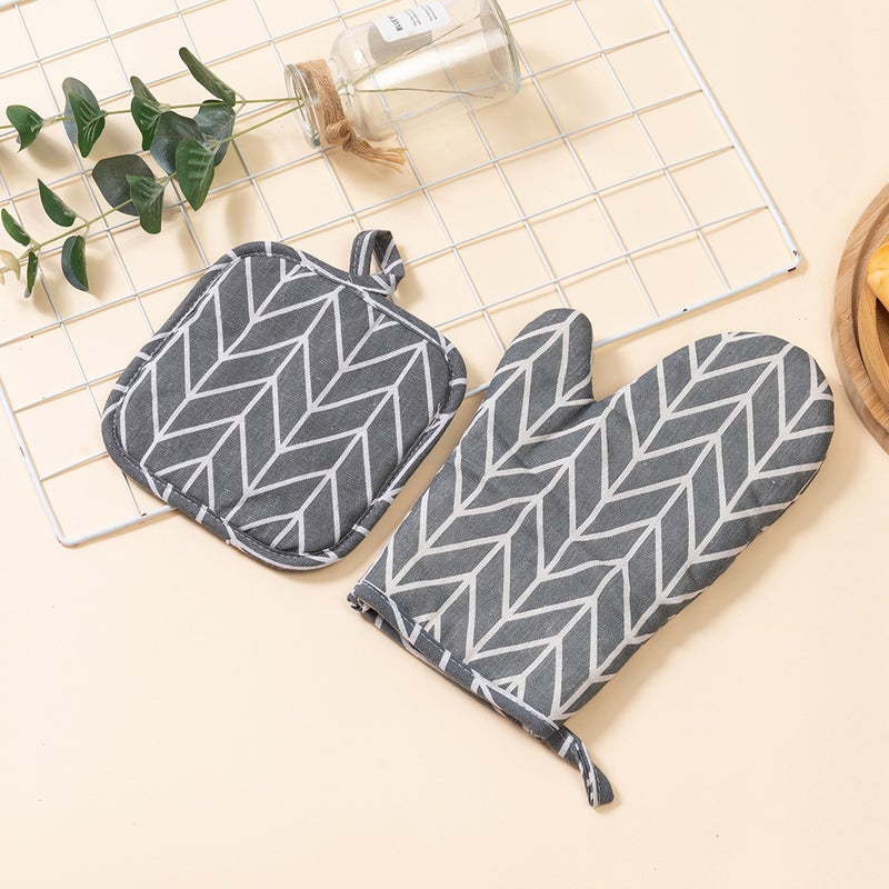 In stock wholesale cotton and linen simple microwave oven heat insulation gloves high temperature resistant oven gloves baking anti-scald gloves suit Gray plaid 