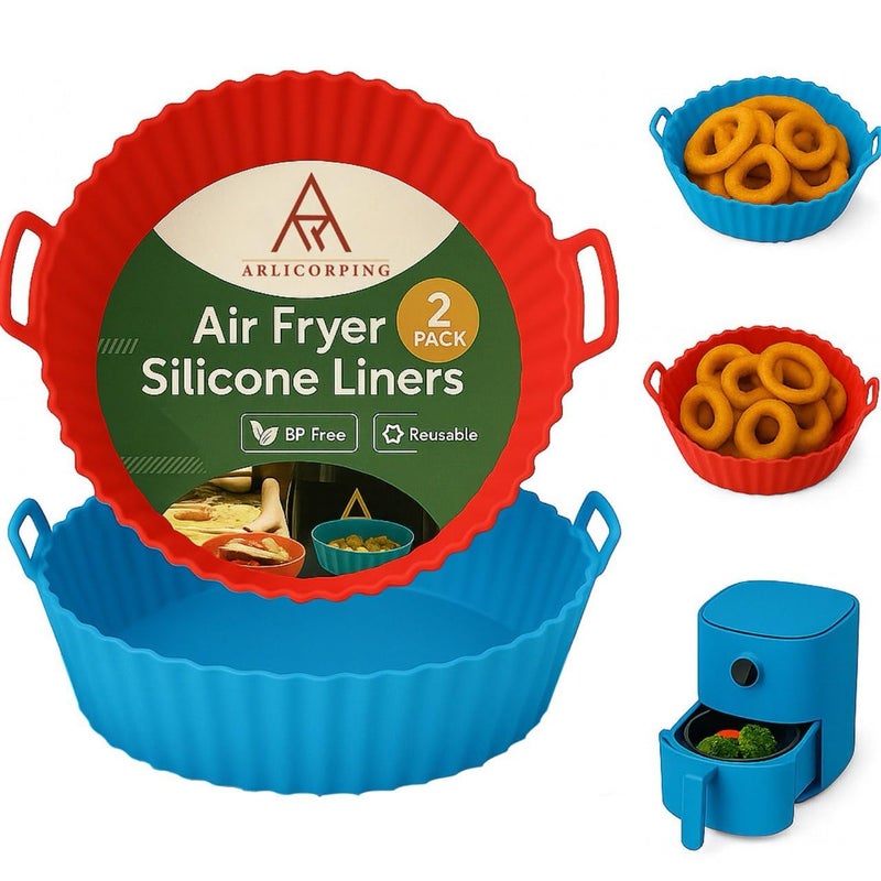 ARLICORPING Air Fryer Liners Pot 2 Pcs I Round Silicone Basket Baking Tray I Pot With Ear Handles I Nonstick Reusable Heat Resistant I Cooking Oven Insert Accessories - Multicolor (8 Inch), Medium - Image 1