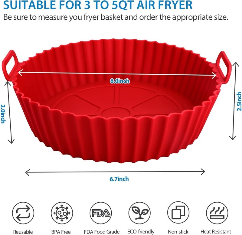 ARLICORPING Air Fryer Liners Pot 2 Pcs I Round Silicone Basket Baking Tray I Pot With Ear Handles I Nonstick Reusable Heat Resistant I Cooking Oven Insert Accessories - Multicolor (8 Inch), Medium - Image 2