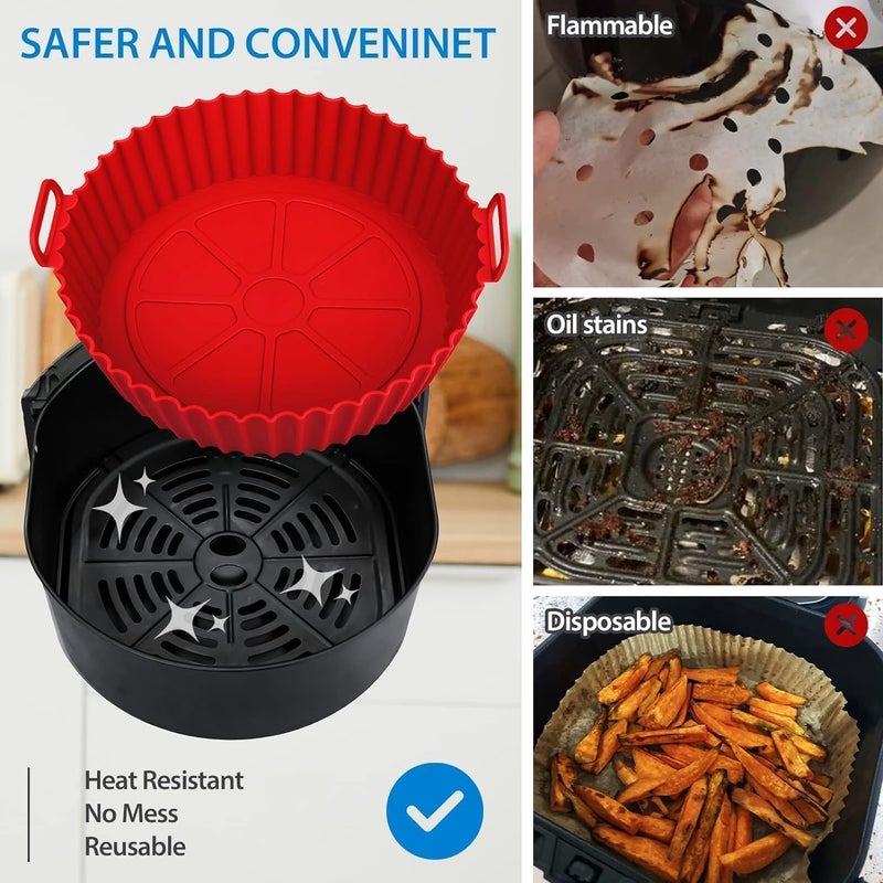 ARLICORPING Air Fryer Liners Pot 2 Pcs I Round Silicone Basket Baking Tray I Pot With Ear Handles I Nonstick Reusable Heat Resistant I Cooking Oven Insert Accessories - Multicolor (8 Inch), Medium - Image 5