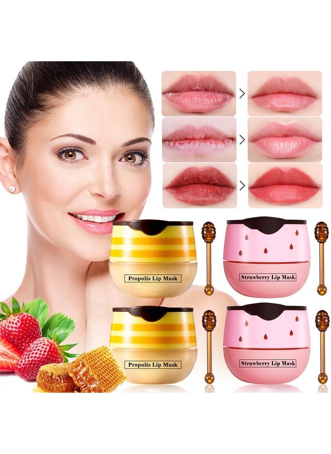 LSxia 4 Pcs Bee Balm Lip Balm Honey Pot Strawberry & Balm Honey Lip Mask Reduces Lip Lines Hydrate & Moisturizing Lip Skin Care Prevention Dry Cracked Lips Lip Bee Balm For Lip Repair Treatment  - Image 1