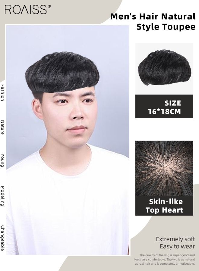 رويس شعر مستعار بنمط ملمس شعر للرجال، قطع شعر سوداء طبيعية، شعر مستعار قصير، مقطع علوي من شعر بشري حقيقي، لتغطية الشعر الأبيض أو المتساقط، وصلات شعر للارتداء اليومي (16 × 18 سم) - Image 1