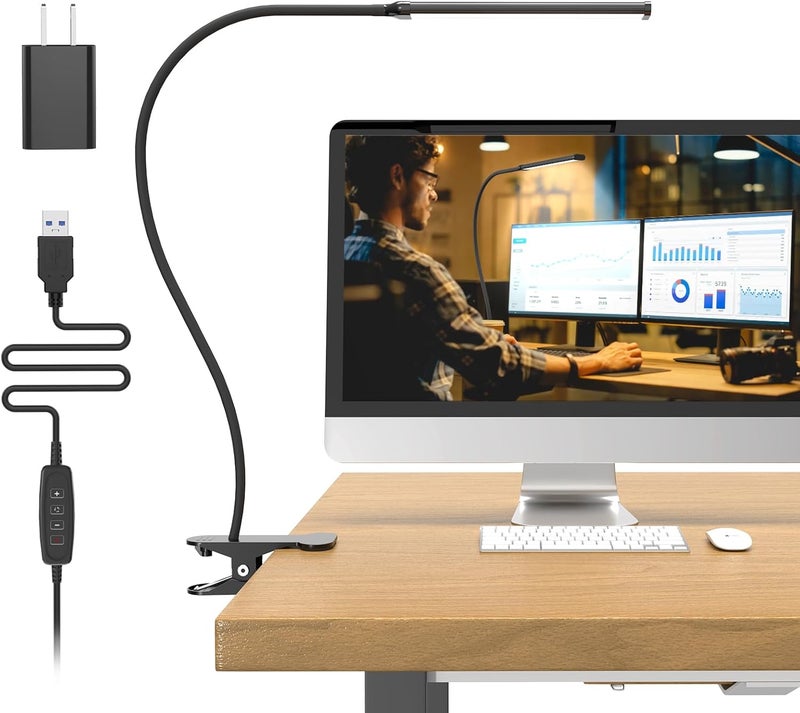 Mojimdo Desk Lamp with Remote, 3 Color & 5 Brightness & 77LED Dimmable Reading Lamp, 15.7'' Flexible Gooseneck with Clamp, Eye-Caring Clip on Light with Adapter for Reading Study Workbench Drafting - Image 1
