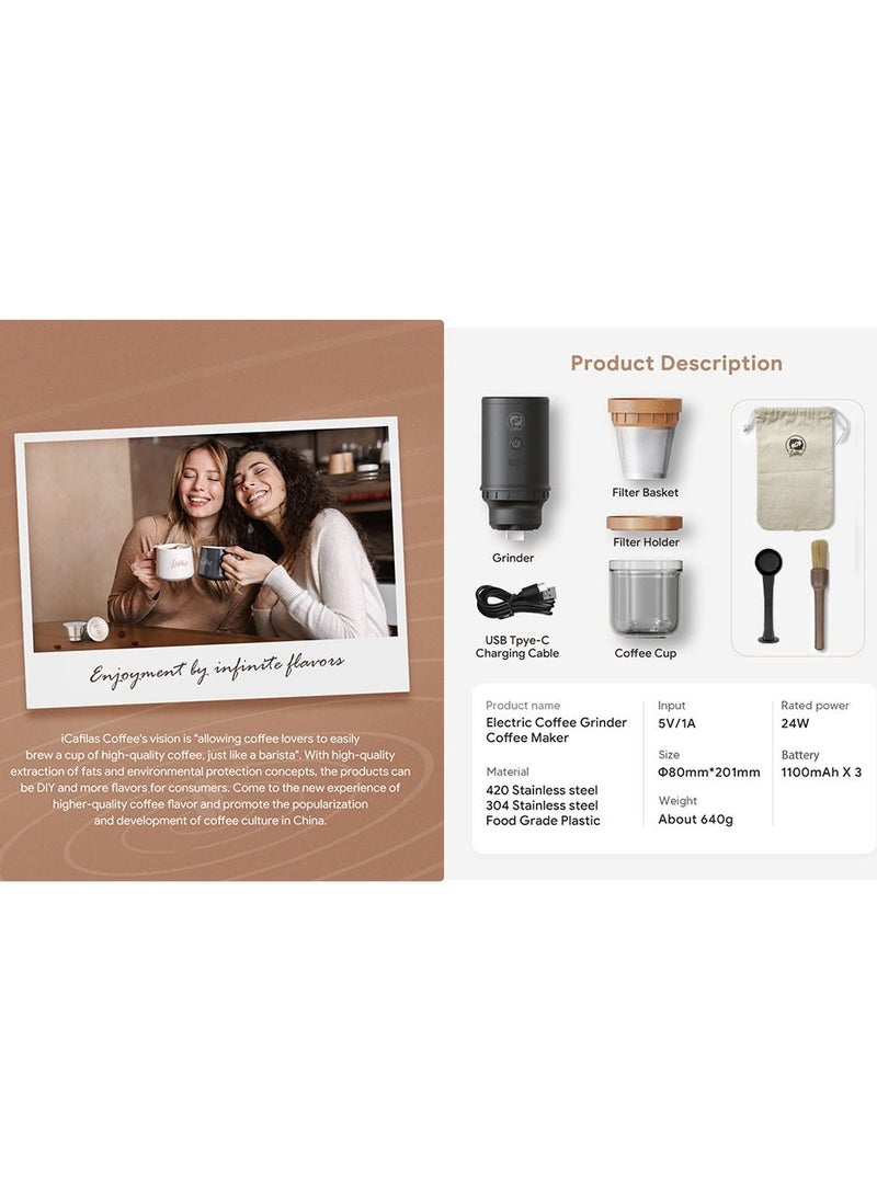 i cafilas - Portable Electric Coffee Maker | Outdoor Travel Coffee Electric Grinder with Drip Filter Brew | Travel Coffee Maker | 3 In 1 Grinder Coffee Maker | High-Speed Coffee Bean Grinder | Adjustable Grinding - Image 1