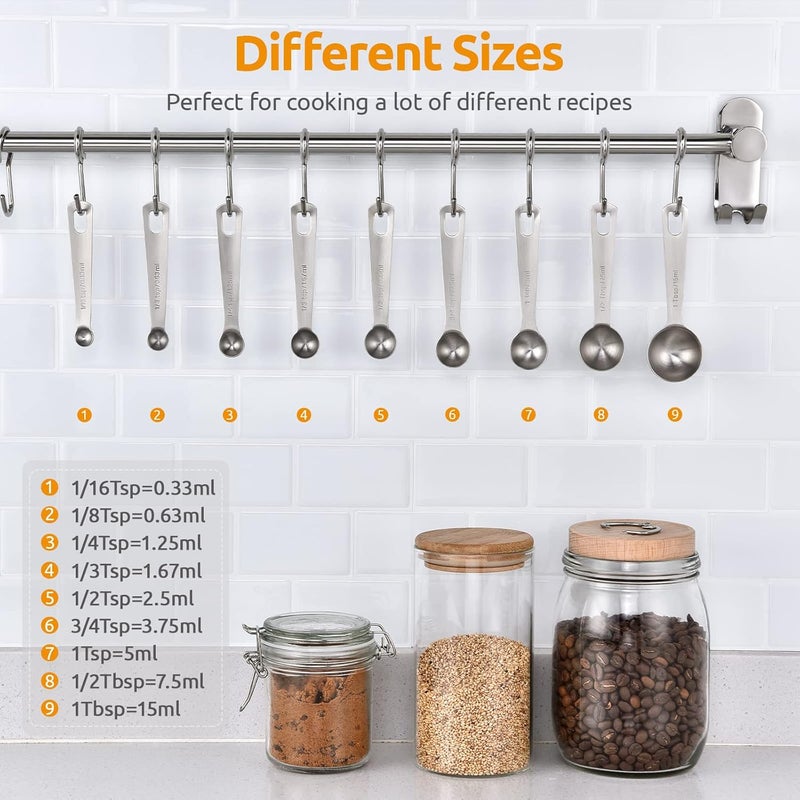 U-Taste 18/8 Stainless Steel Measuring Spoons, U-Taste Metal Measure Spoon Set of 9 Piece: 1/16 TSP, 1/8 TSP, 1/4 TSP, 1/3 TSP, 1/2 TSP, 3/4 TSP, 1 TSP, 1/2 tbsp & 1 tbsp Dry and Liquid Ingredients - Image 2