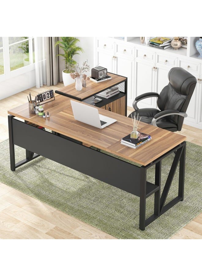 Tribesigns 63" L Shaped Desk with Drawer Cabinet, Executive Computer Desk and lateral File Cabinet, 2 Piece Home Office Furniture with Drawers for Hanging File, Doors with Locks (Brown, 63 inches) - Image 1