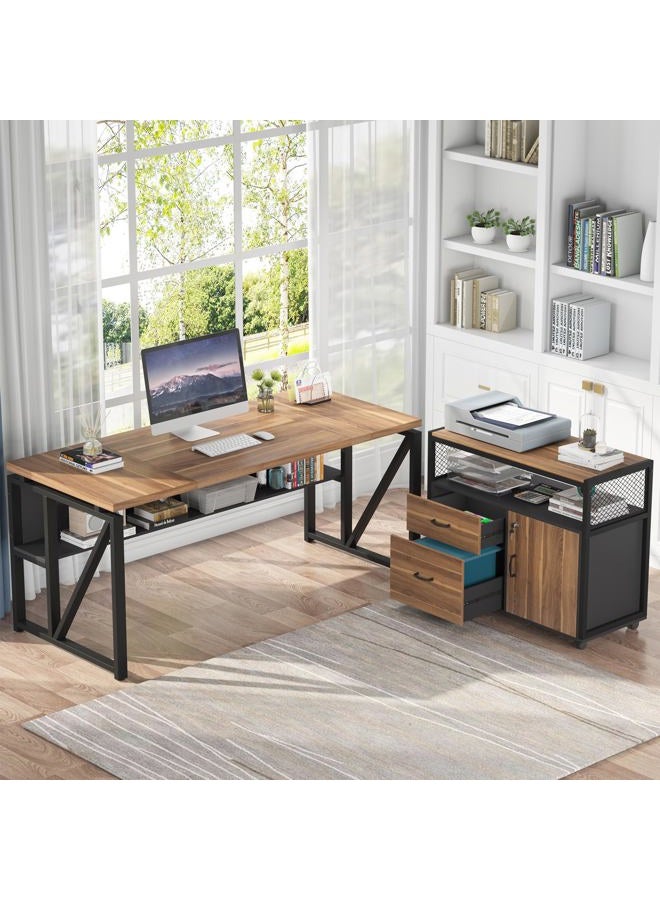 Tribesigns 63" L Shaped Desk with Drawer Cabinet, Executive Computer Desk and lateral File Cabinet, 2 Piece Home Office Furniture with Drawers for Hanging File, Doors with Locks (Brown, 63 inches) - Image 2