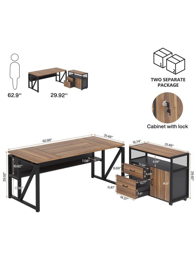 Tribesigns 63" L Shaped Desk with Drawer Cabinet, Executive Computer Desk and lateral File Cabinet, 2 Piece Home Office Furniture with Drawers for Hanging File, Doors with Locks (Brown, 63 inches) - Image 5