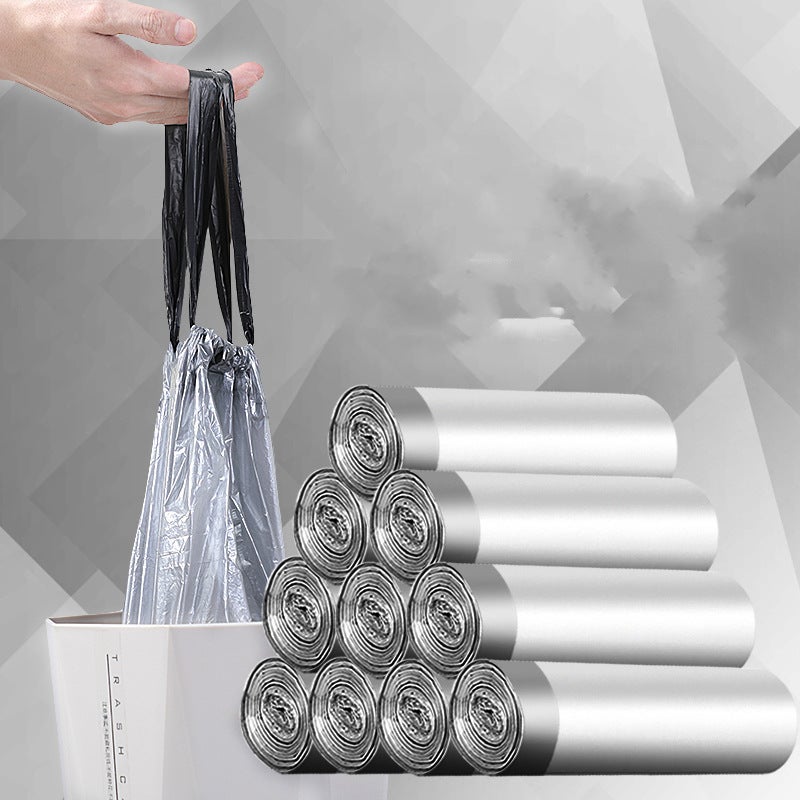 Household Satchel Garbage Bag Thickeneded Bag Automatic Closing Drawstring Silver Steel Kitchen Disposable Flat Mouth Plastic Bag - Image 2