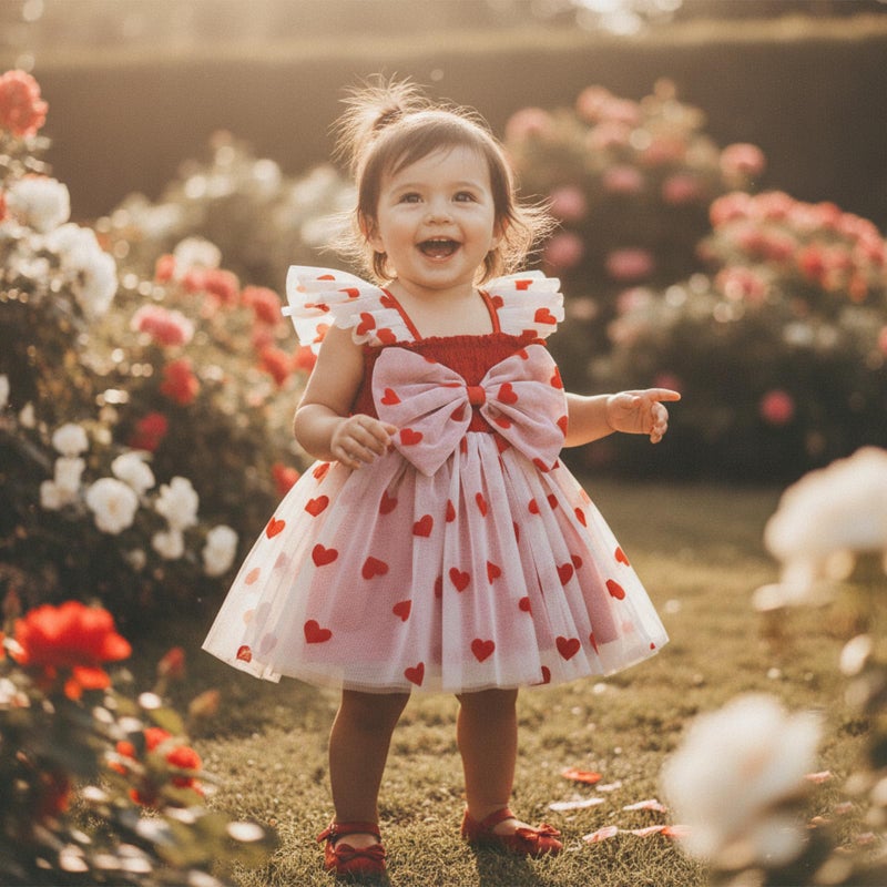 BeQeuewll Toddler Baby Girl Valentines Day Outfit Heart Print Ruffle Sleeve Bowknot Tulle Dress Girls Birthday Party Dresses (Red, 6-12 Months) - Image 3