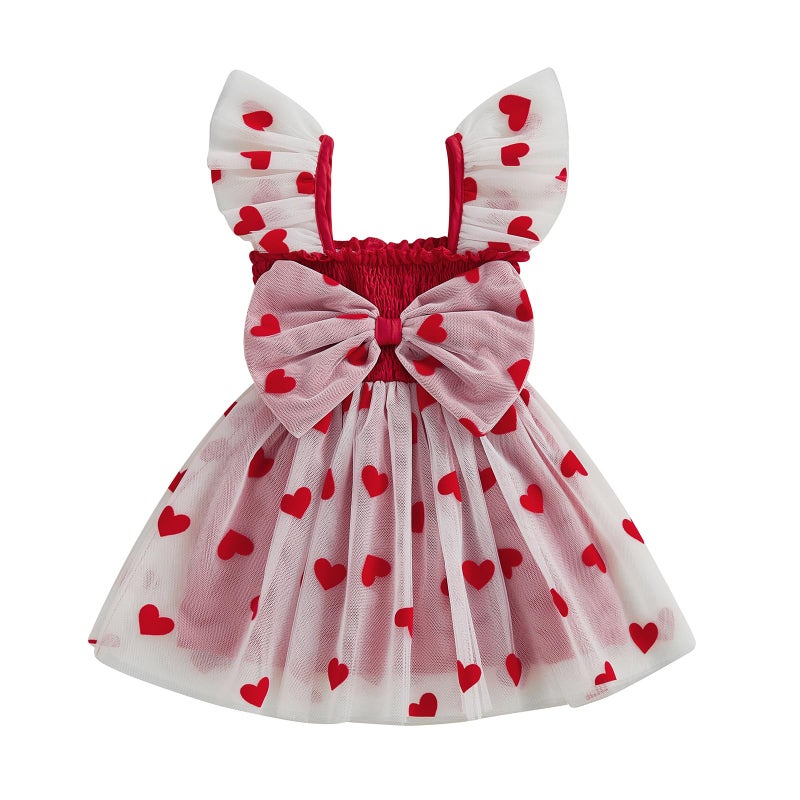 BeQeuewll Toddler Baby Girl Valentines Day Outfit Heart Print Ruffle Sleeve Bowknot Tulle Dress Girls Birthday Party Dresses (Red, 6-12 Months) - Image 1