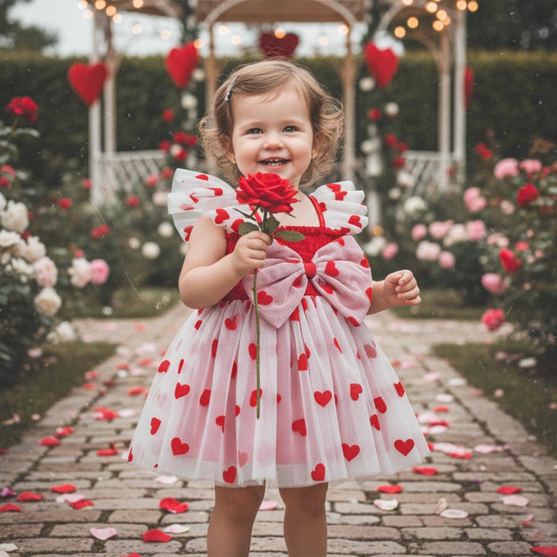 BeQeuewll Toddler Baby Girl Valentines Day Outfit Heart Print Ruffle Sleeve Bowknot Tulle Dress Girls Birthday Party Dresses (Red, 6-12 Months) - Image 2