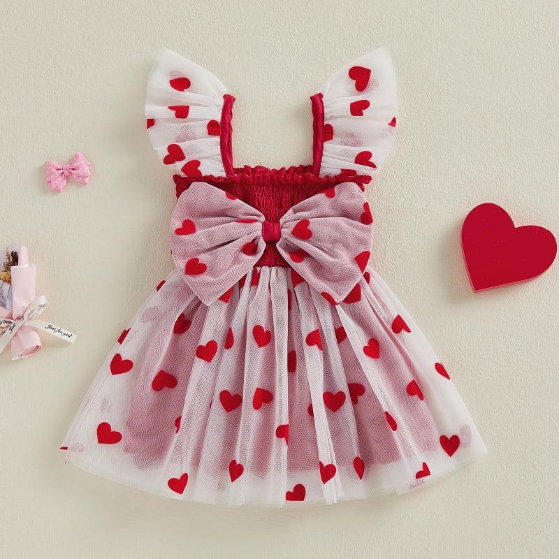 BeQeuewll Toddler Baby Girl Valentines Day Outfit Heart Print Ruffle Sleeve Bowknot Tulle Dress Girls Birthday Party Dresses (Red, 6-12 Months) - Image 4