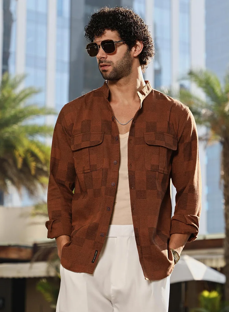 Campus Sutra Men's Russet Brown Mandarin Utility Shirt