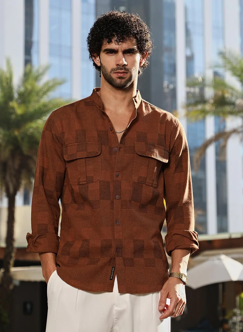Campus Sutra Men's Russet Brown Mandarin Utility Shirt