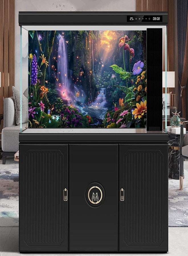CaterRina Fantasy Garden Aquarium Background Sunset Waterfall and Flowers Terrarium Backdrop Tropical Forest Lush Plant Magic Butterfly Lights Flowers Fish Tank Background Poster Decorations 24x12in - Image 2