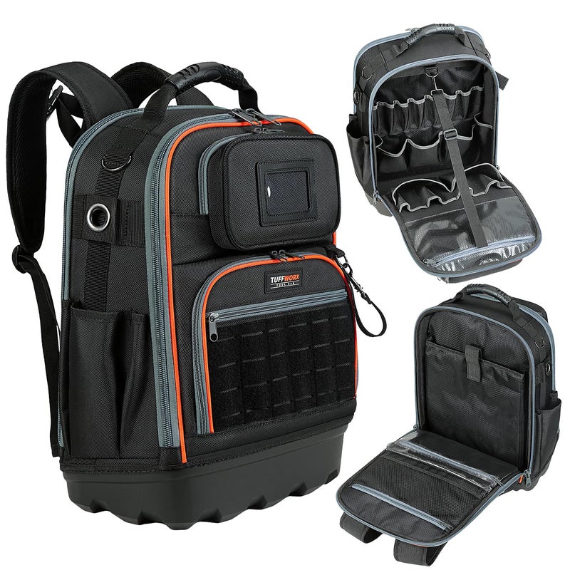 TUFFWORX Tool Backpack, 35 Pockets, 18.5 x 13.7 x 7.8 Inches, Black and Orange, Water-Repellent - Image 1
