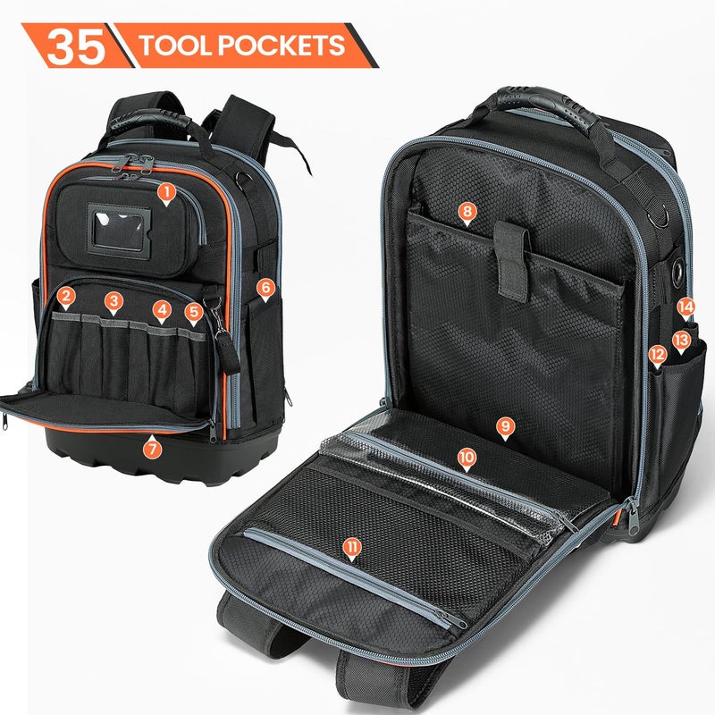TUFFWORX Tool Backpack, 35 Pockets, 18.5 x 13.7 x 7.8 Inches, Black and Orange, Water-Repellent - Image 4