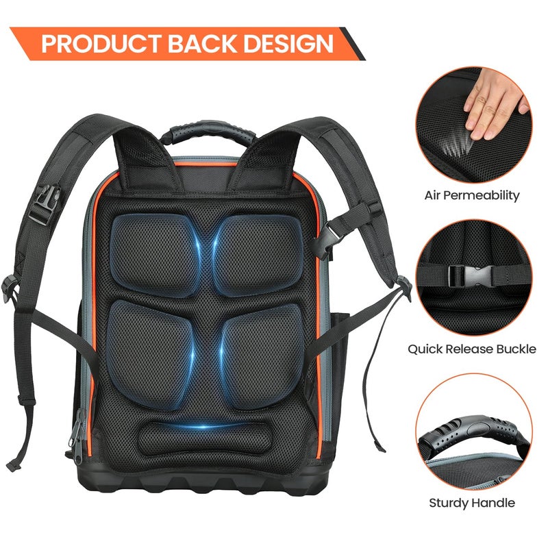 TUFFWORX Tool Backpack, 35 Pockets, 18.5 x 13.7 x 7.8 Inches, Black and Orange, Water-Repellent - Image 3