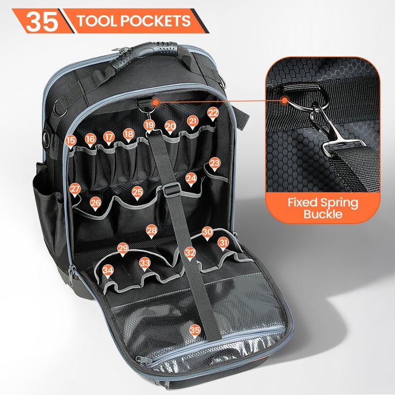 TUFFWORX Tool Backpack, 35 Pockets, 18.5 x 13.7 x 7.8 Inches, Black and Orange, Water-Repellent - Image 5
