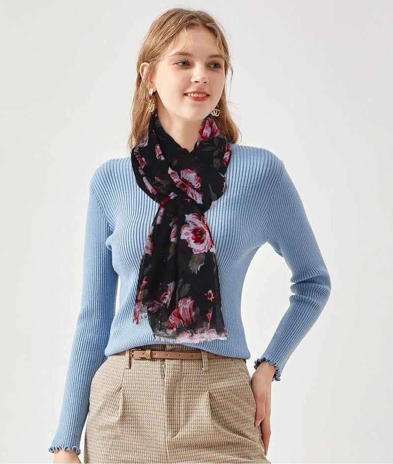 GERINLY Lightweight Rose Scarves: Fashion Flowers Print Shawl Wrap For Women Head Scarf Bufandas Floreadas (Black) - Image 3