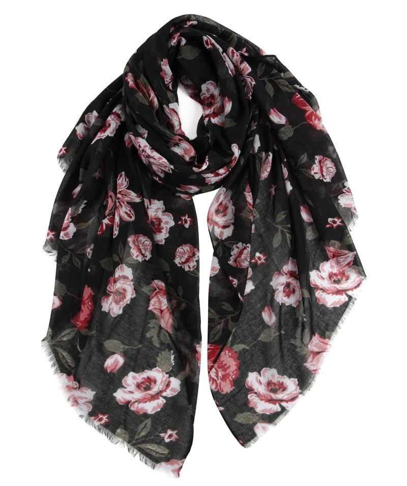 GERINLY Lightweight Rose Scarves: Fashion Flowers Print Shawl Wrap For Women Head Scarf Bufandas Floreadas (Black) - Image 1