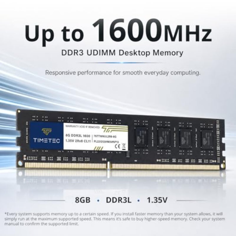 Timetec 16GB KIT 2x8GB DDR3L/ DDR3 1600MHz (DDR3L-1600) PC3L-12800/ PC3-12800 Non-ECC Unbuffered 1.35V/1.5V CL11 2Rx8 Dual Rank 240 Pin UDIMM كمبيوتر سطح المكتب ذاكرة الوصول العشوائي (SDRAM) وحدة ترقية - Image 2