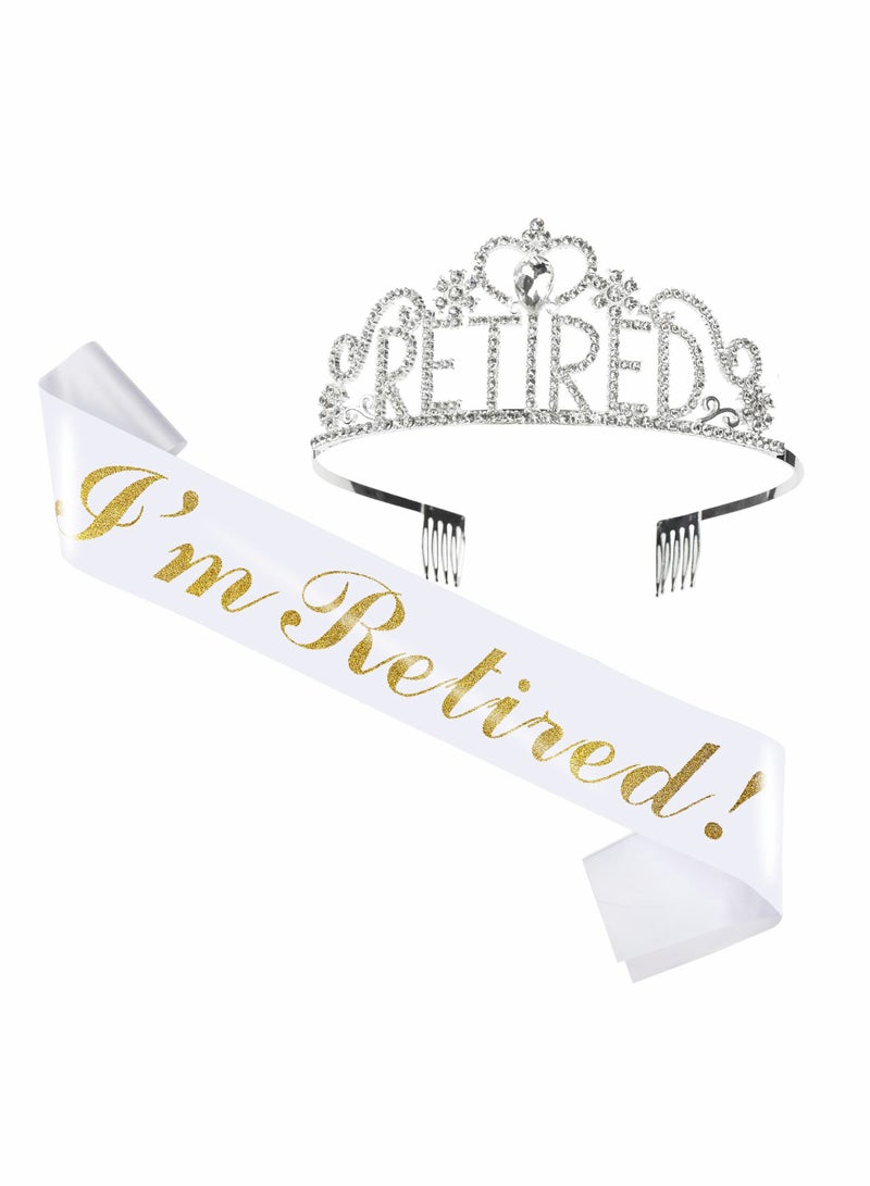 KASTWAVE Retirement Tiara and Sash Set,I'm Retired White Sash Crystal Crown Retirement Gift for Women Retirement Party Decorations,Retirement Party Supplies, Retirement Gifts for Women(2PCS) - Image 1