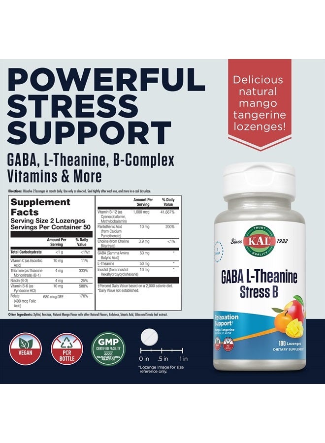 KAL GABA L-Theanine Stress B Lozenge, B Complex Vitamin Supplement, Healthy Relaxation, Mood & Focus Support, Natural Mango Tangerine Flavor, Vegan, 50 Servings, 100 Lozenges - Image 3