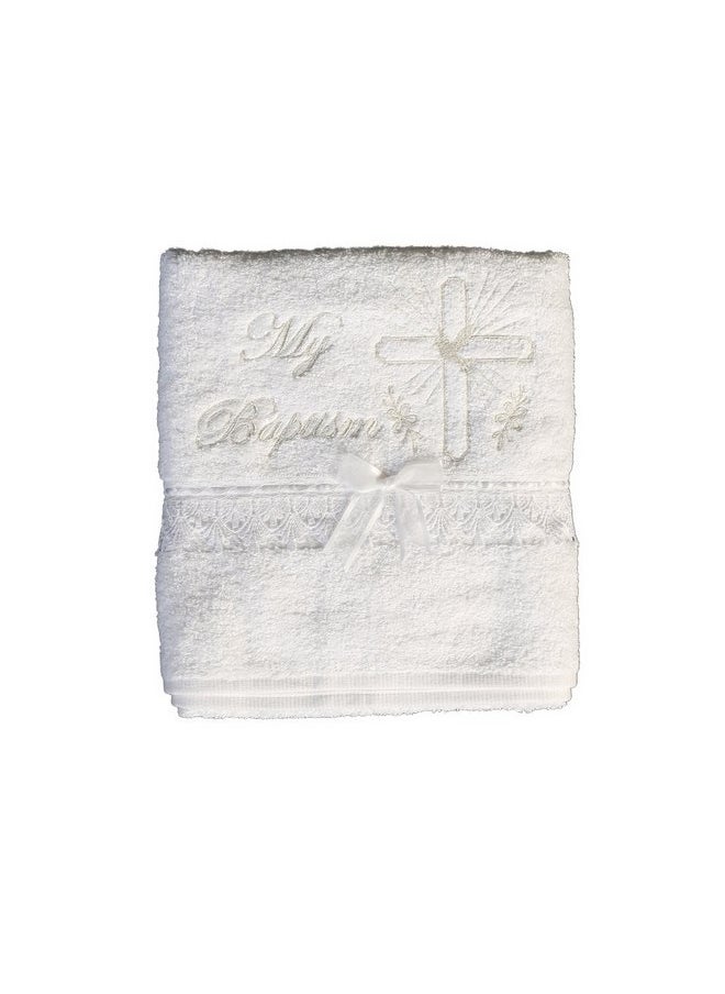 Lito - Christening Towel with Embroidered Cross and Lace Trim Baptism - English White - Image 1