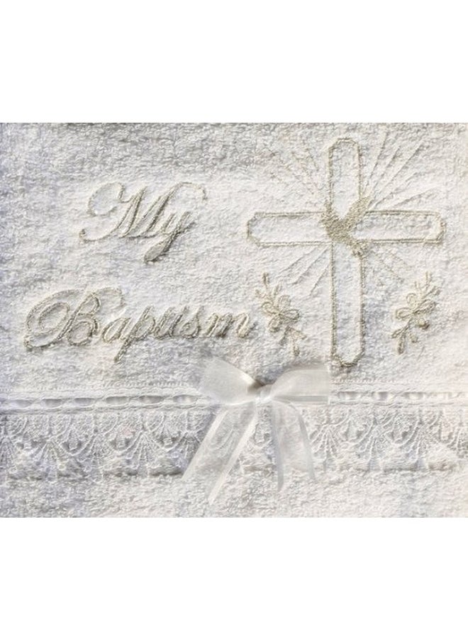 Lito - Christening Towel with Embroidered Cross and Lace Trim Baptism - English White - Image 1