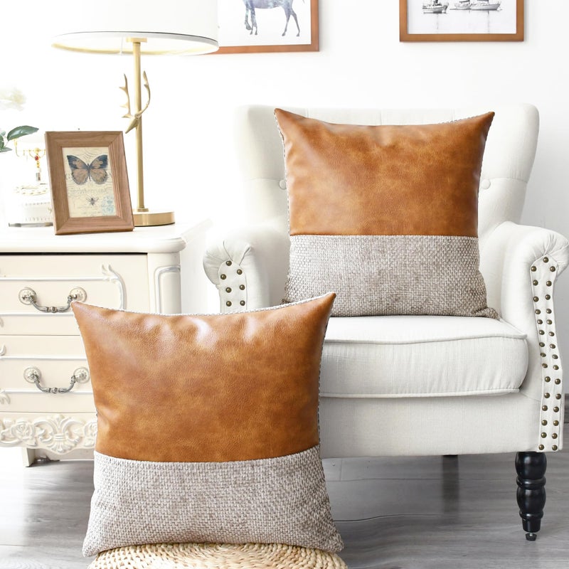 CaliTime Throw Pillow Covers Pack of 2 Soft Faux Leather Solid Dyed Cross Chenille Cushion Cases for Couch Sofa Home Decoration 18 X 18 Inches Taupe - Image 2