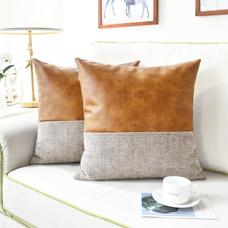 CaliTime Throw Pillow Covers Pack of 2 Soft Faux Leather Solid Dyed Cross Chenille Cushion Cases for Couch Sofa Home Decoration 18 X 18 Inches Taupe - Image 5