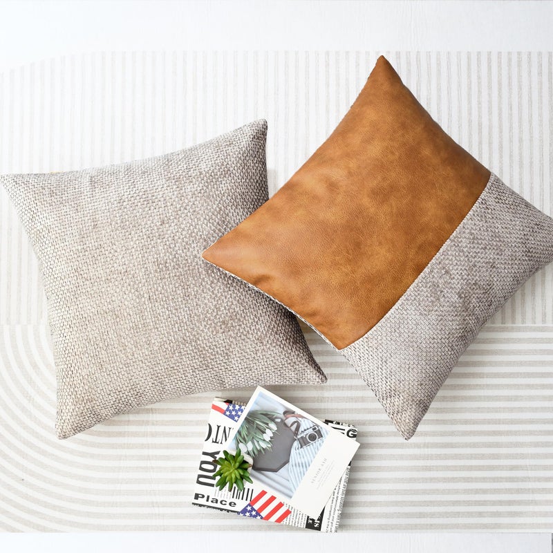 CaliTime Throw Pillow Covers Pack of 2 Soft Faux Leather Solid Dyed Cross Chenille Cushion Cases for Couch Sofa Home Decoration 18 X 18 Inches Taupe - Image 3