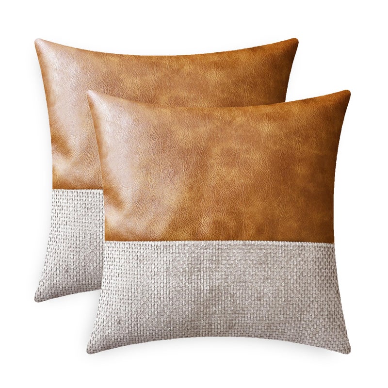 CaliTime Throw Pillow Covers Pack of 2 Soft Faux Leather Solid Dyed Cross Chenille Cushion Cases for Couch Sofa Home Decoration 18 X 18 Inches Taupe - Image 1
