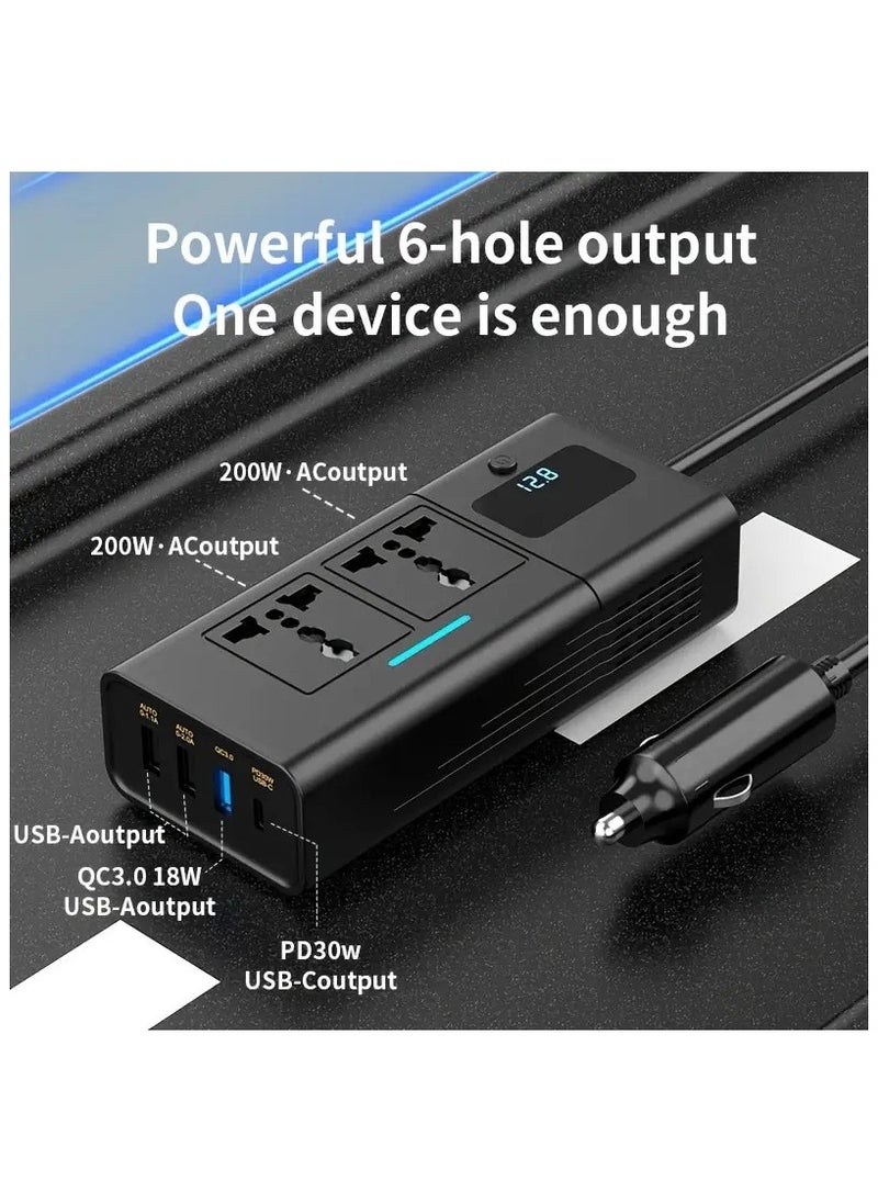 200W Vehicle Mounted Power Inverter with PD 30W, QC 3.0 Fast Charging Ports and Digital Display, Digitplus DP-X011