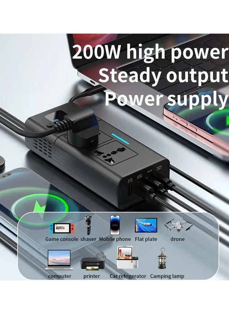 200W Vehicle Mounted Power Inverter with PD 30W, QC 3.0 Fast Charging Ports and Digital Display, Digitplus DP-X011