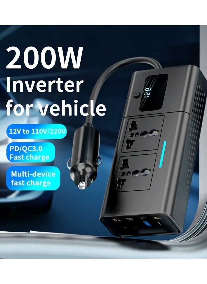 200W Vehicle Mounted Power Inverter with PD 30W, QC 3.0 Fast Charging Ports and Digital Display, Digitplus DP-X011