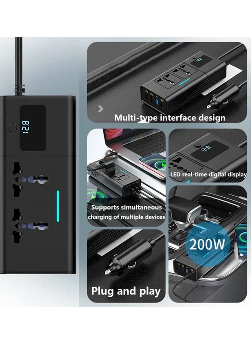 200W Vehicle Mounted Power Inverter with PD 30W, QC 3.0 Fast Charging Ports and Digital Display, Digitplus DP-X011