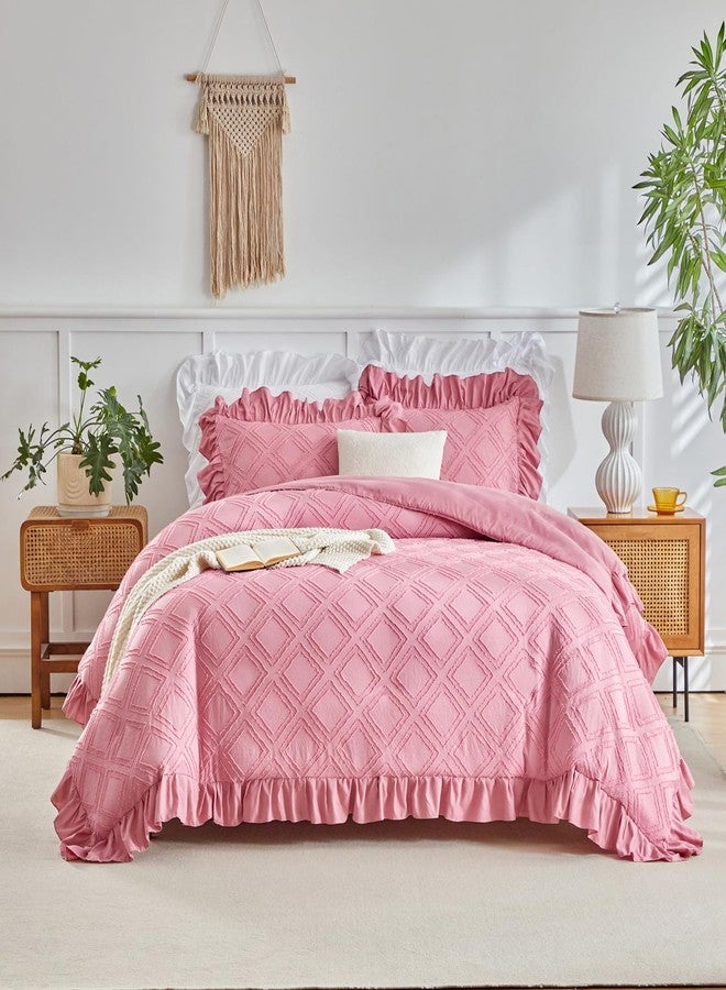 Flysheep Tufted Ruffle Duvet Cover Set Twin Size, 3 Pieces Vintage Farmhouse Shabby Chic Ruffled Duvet Cover with Zipper Closure, Luxury Jacquard Boho Bohemian Bedding Set for Girls (Pink, Twin) - Image 2