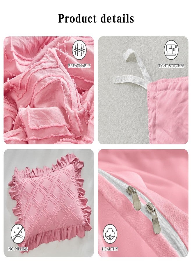 Flysheep Tufted Ruffle Duvet Cover Set Twin Size, 3 Pieces Vintage Farmhouse Shabby Chic Ruffled Duvet Cover with Zipper Closure, Luxury Jacquard Boho Bohemian Bedding Set for Girls (Pink, Twin) - Image 5