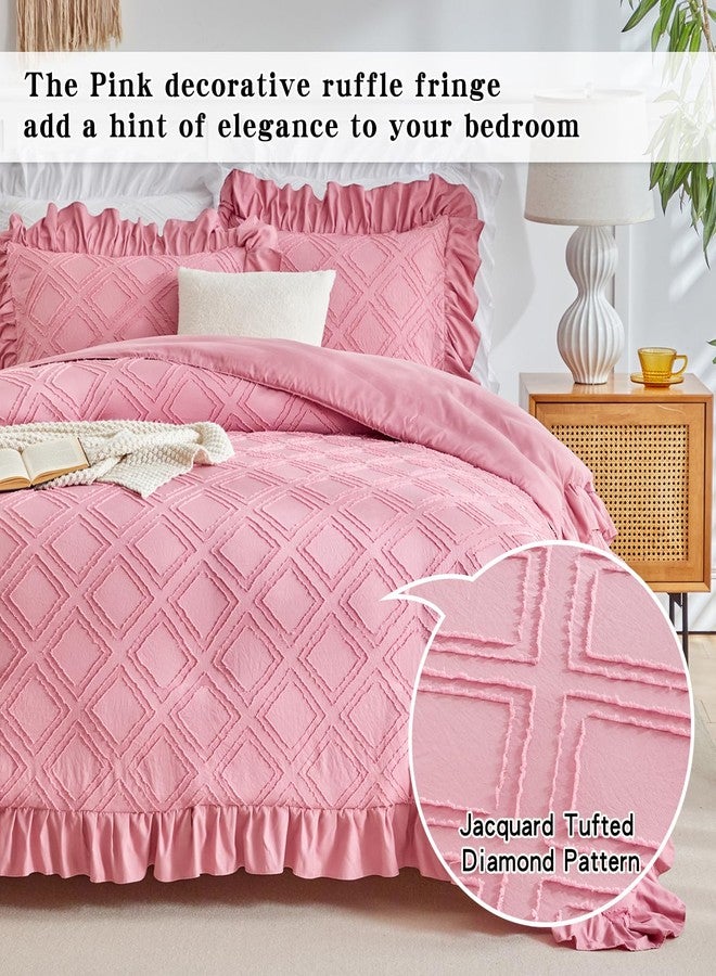 Flysheep Tufted Ruffle Duvet Cover Set Twin Size, 3 Pieces Vintage Farmhouse Shabby Chic Ruffled Duvet Cover with Zipper Closure, Luxury Jacquard Boho Bohemian Bedding Set for Girls (Pink, Twin) - Image 3