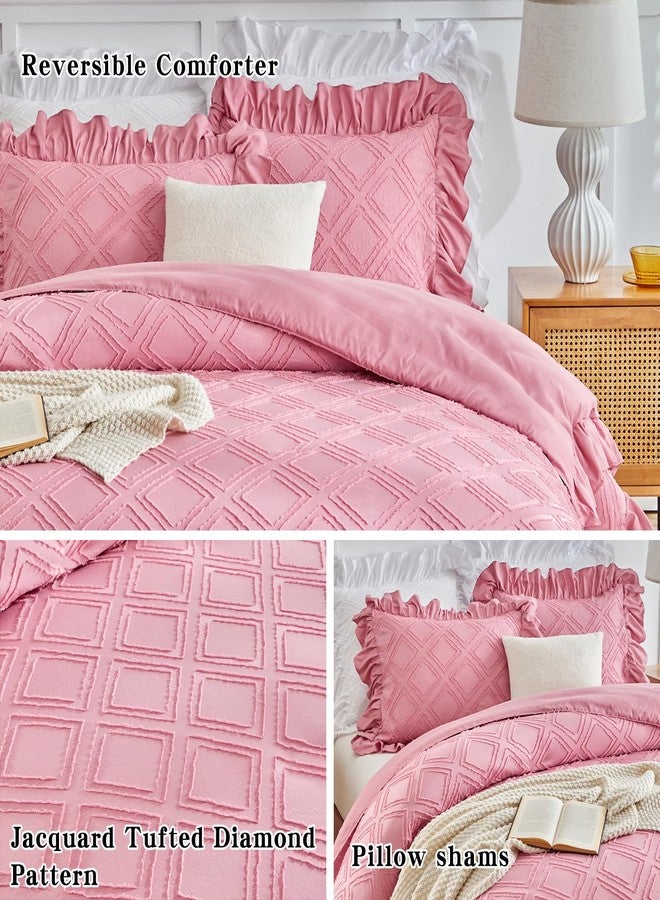 Flysheep Tufted Ruffle Duvet Cover Set Twin Size, 3 Pieces Vintage Farmhouse Shabby Chic Ruffled Duvet Cover with Zipper Closure, Luxury Jacquard Boho Bohemian Bedding Set for Girls (Pink, Twin) - Image 4