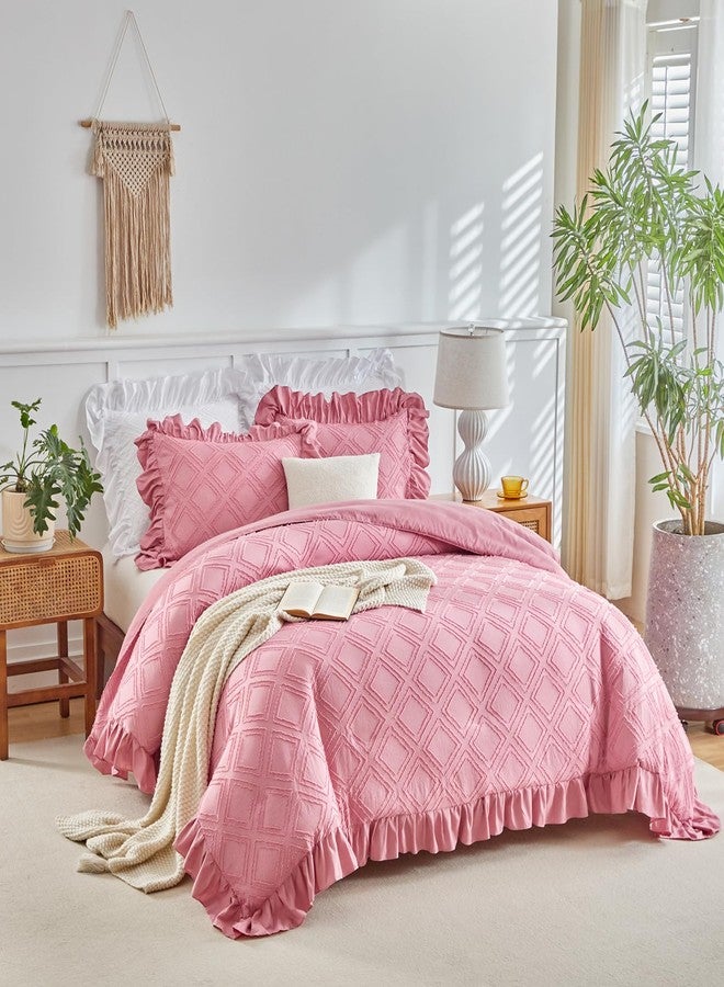 Flysheep Tufted Ruffle Duvet Cover Set Twin Size, 3 Pieces Vintage Farmhouse Shabby Chic Ruffled Duvet Cover with Zipper Closure, Luxury Jacquard Boho Bohemian Bedding Set for Girls (Pink, Twin) - Image 1