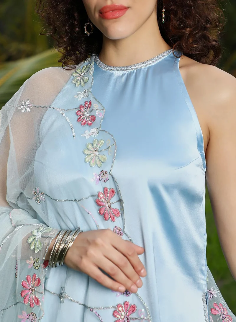 QISSA Women's Powder Blue Blush Bloom Kurta Set