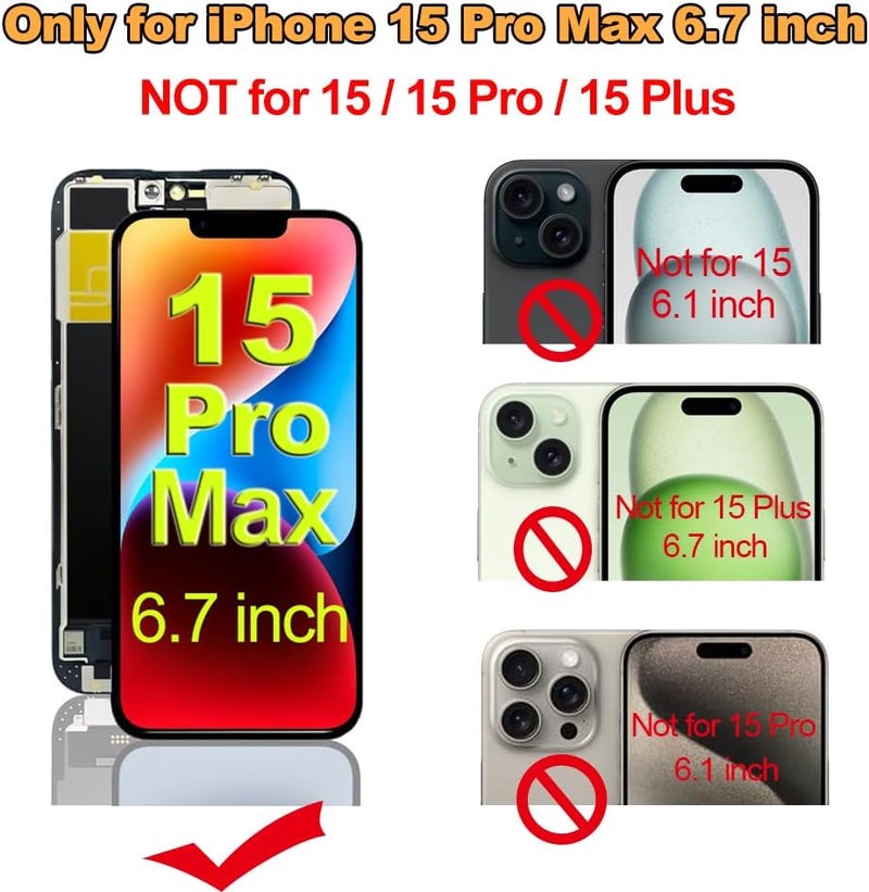 Fixerman Store for iPhone 15 Pro Max Screen Replacement 6.7 inch, Full HD 3D Touch LCD Display Digitizer Assembly with Repair Tools - Model A2849, A3105, A3106, A3108 - Image 2